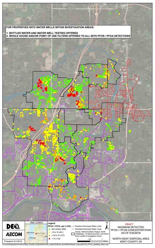 Map of PFAS concentrations at sites in Kent County, MI. (Source: https://www.michigan.gov/documents/pfasresponse/BEL_180601_PFOS_PFOA_HeatMap_MAX_624687_7.pdf)